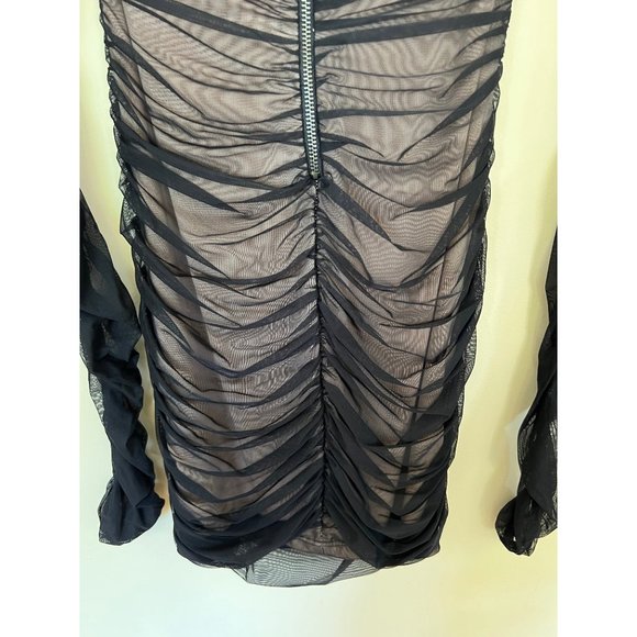 BEBE Mini Dress Womens XS Black Off Shoulder Ruched Bodycon Cocktail Sexy - Picture 10 of 11